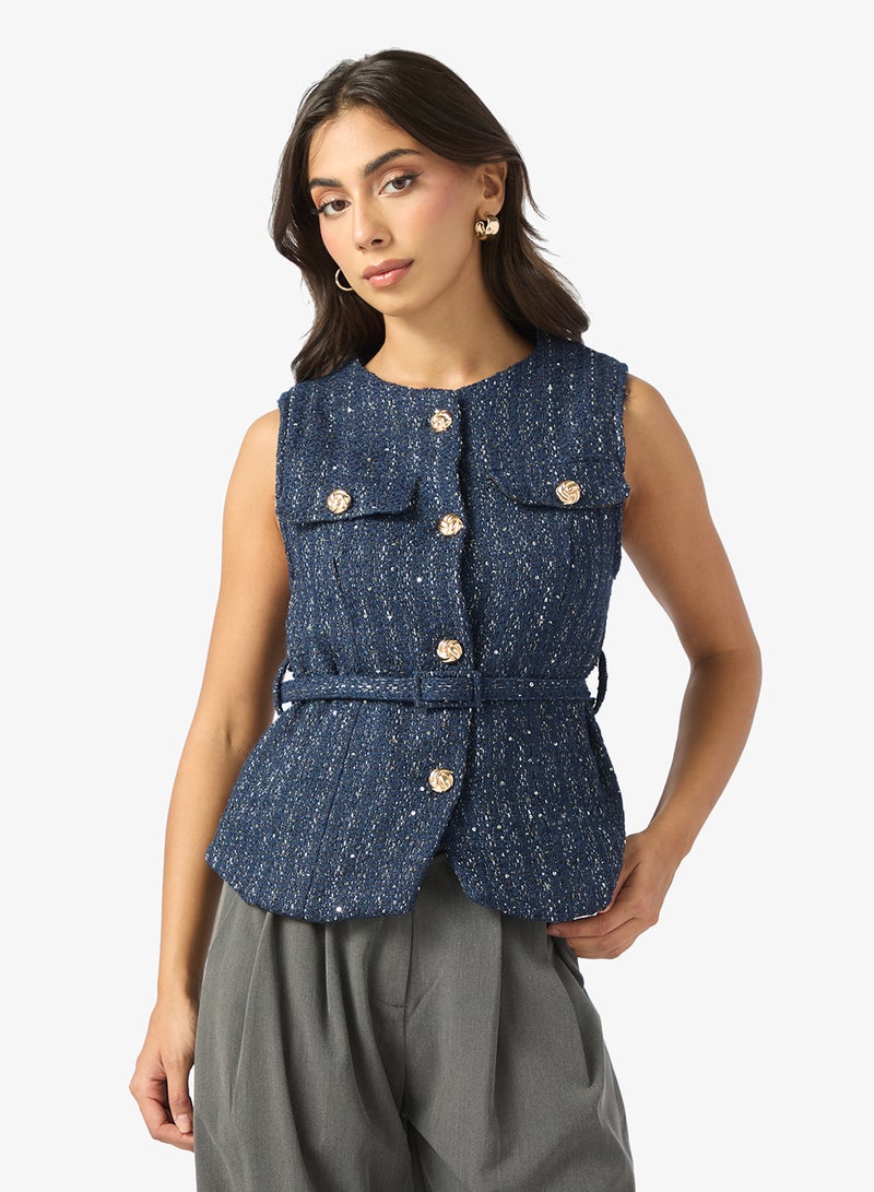 ELLA Belted Tweed Vest - Image 1