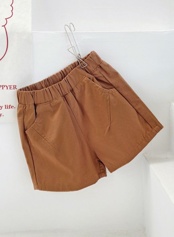 Loquat Kids Solid Color Elastic Waist Shorts With Pockets Summer Casual Wear Brown 