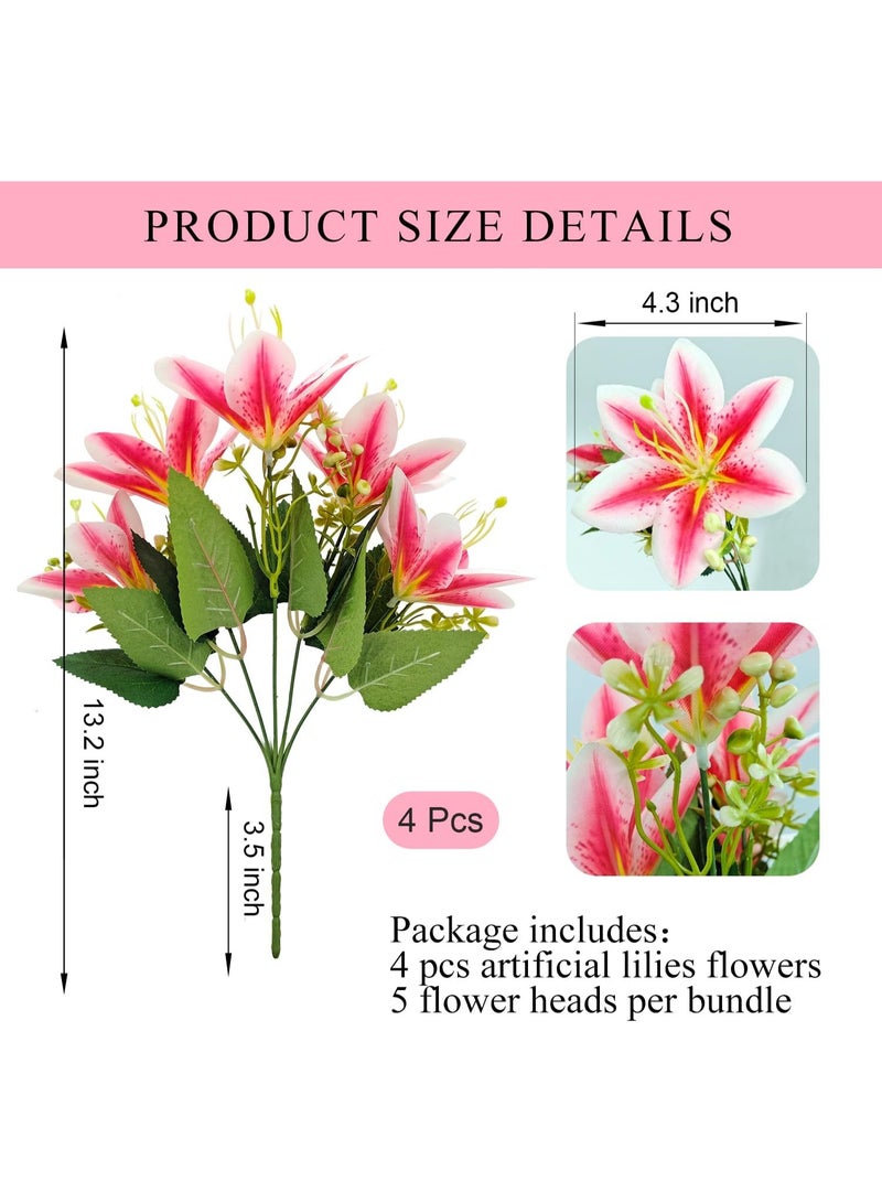 4 Bundles Artificial Tiger Lily Silk Flowers Faux Fake Lilies Plants for Wedding Bouquet Home Party Indoor Table Hotel Office Vases Floral Arrangements Outdoor Garden Decor (Rose Pink) - Image 4
