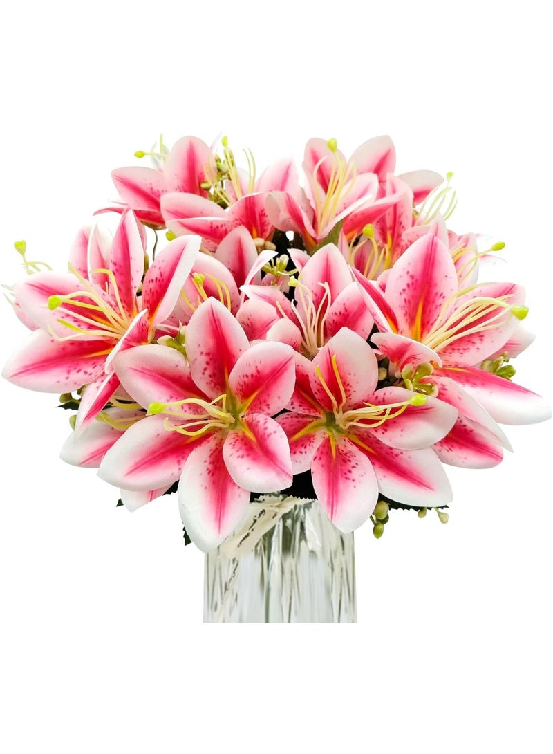 4 Bundles Artificial Tiger Lily Silk Flowers Faux Fake Lilies Plants for Wedding Bouquet Home Party Indoor Table Hotel Office Vases Floral Arrangements Outdoor Garden Decor (Rose Pink) - Image 1