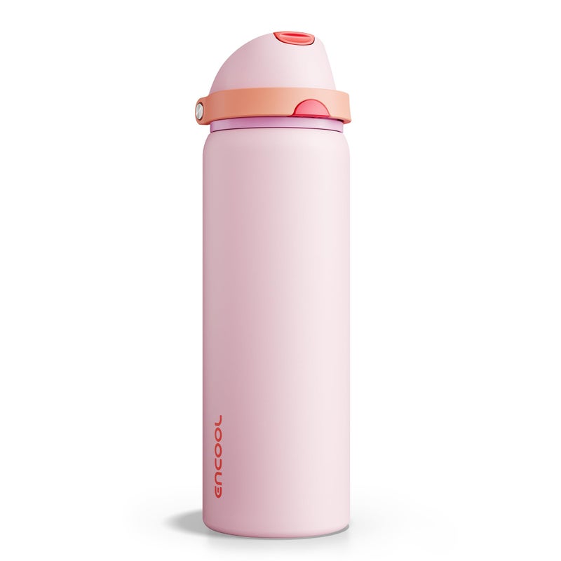 ENCOOL Insulated Water Bottle with Straw - Encool Stainless Steel Water Bottle with Push Button Lid, Leak-Proof & BPA-Free, Keeps Cold for 24 Hours for Sports, Travel, Gym (32 oz, Lily-Red) - Image 1