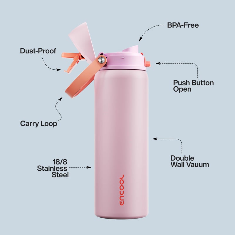 ENCOOL Insulated Water Bottle with Straw - Encool Stainless Steel Water Bottle with Push Button Lid, Leak-Proof & BPA-Free, Keeps Cold for 24 Hours for Sports, Travel, Gym (32 oz, Lily-Red) - Image 4