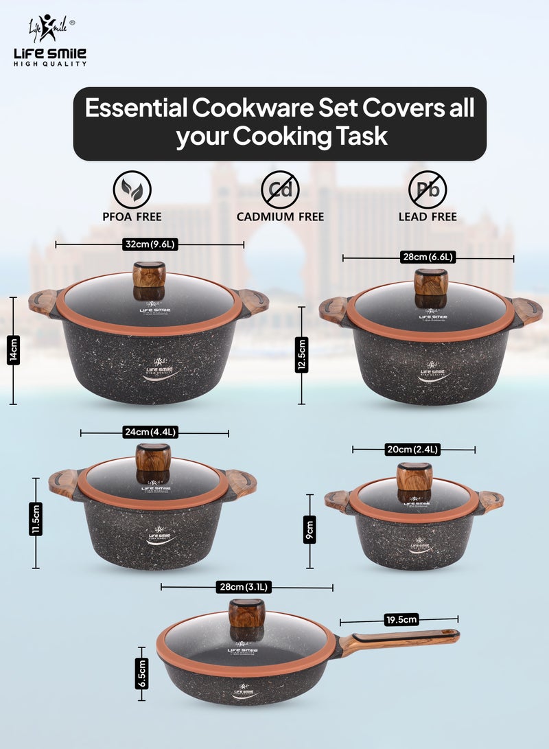Life Smile 10-Piece Cookware Set - Pots and Pan Set Induction Base, Titanium Granite Non Stick Coating 100% PFOA FREE, Kitchen Cooking Set with Stay Cool Handles (Brown)  - Image 3