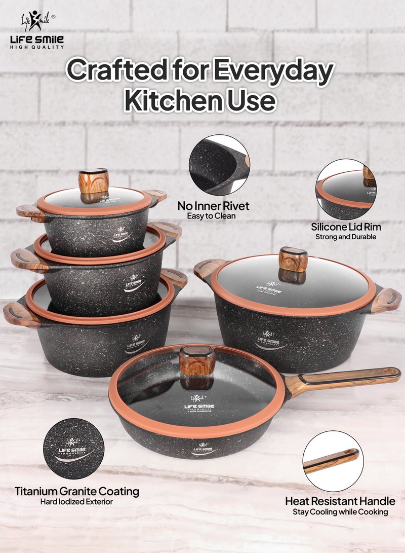 Life Smile 10-Piece Cookware Set - Pots and Pan Set Induction Base, Titanium Granite Non Stick Coating 100% PFOA FREE, Kitchen Cooking Set with Stay Cool Handles (Brown)  - Image 5