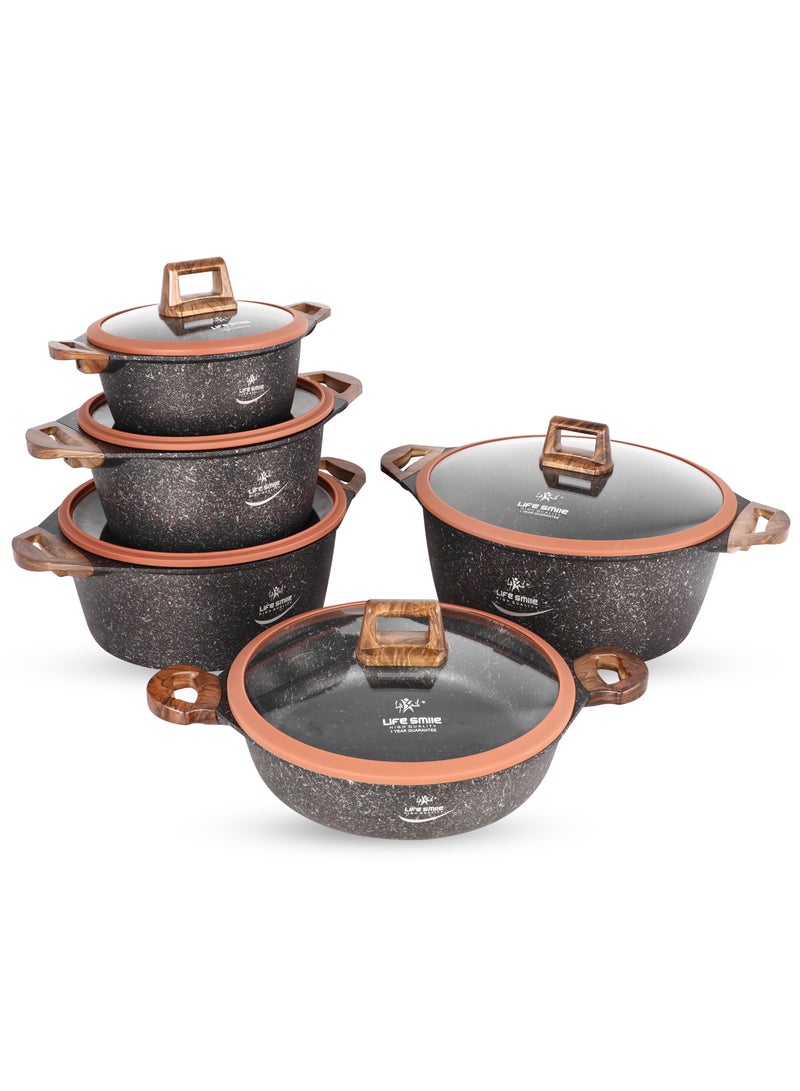 Life Smile 10-Piece Cookware Set - Pots and Pan Set Induction Base, Titanium Granite Non Stick Coating 100% PFOA FREE, Kitchen Cooking Set with Stay Cool Handles (Brown)  - Image 1