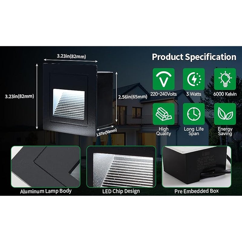 V.nice LED Step Light 3W IP65 Waterproof – Square Wall Recessed Stair Light, White/Black Body, 3000K/6000K/6500K Options, Outdoor Pathway Light for Steps, Patio, Deck, 220-240V - Image 5