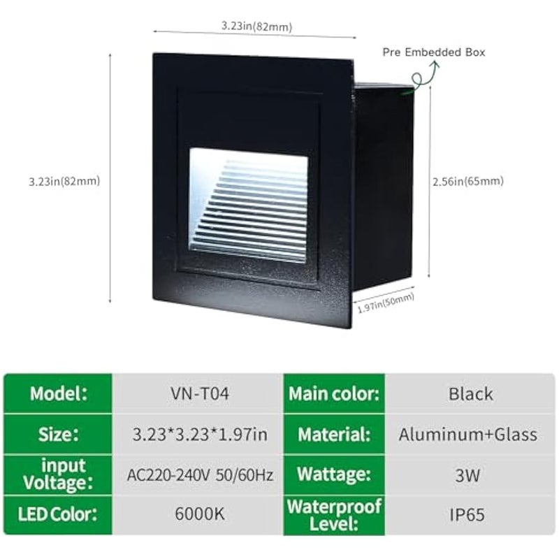 V.nice LED Step Light 3W IP65 Waterproof – Square Wall Recessed Stair Light, White/Black Body, 3000K/6000K/6500K Options, Outdoor Pathway Light for Steps, Patio, Deck, 220-240V - Image 2