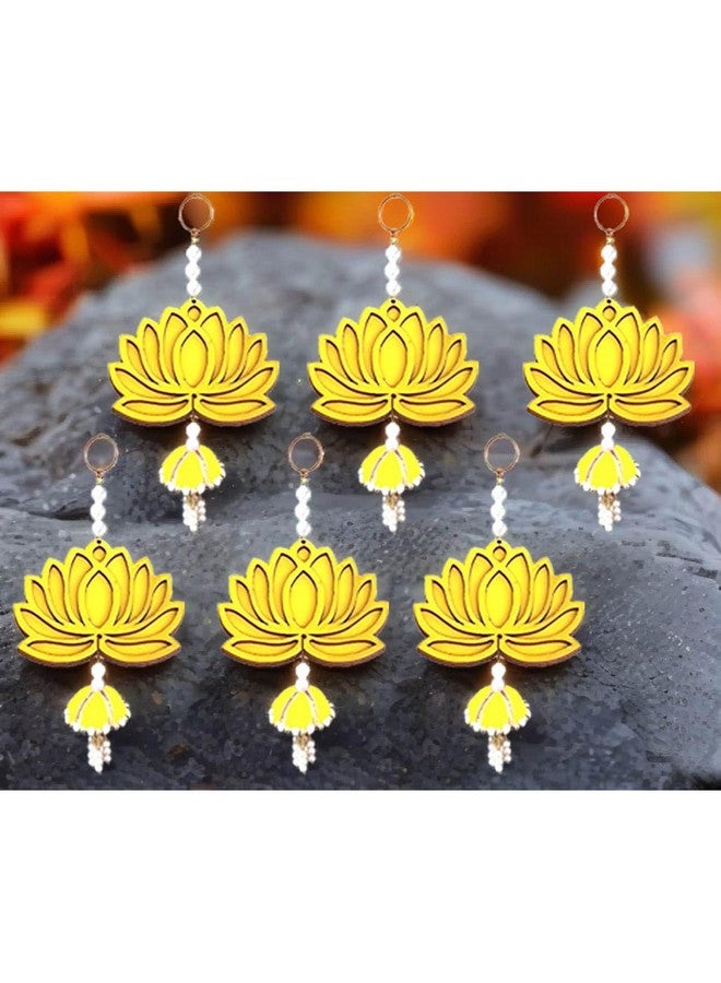 BENAVJI BENAVJI Handmade MDF Wood Lotus Hangings Jhumki Style for Home Wall Decor Diwali Ganpati Navratri Wedding Mandir Pooja Rooms Event Backdrops All Festival Decorations Yellow Color Lotus Pack of 6  - Image 1
