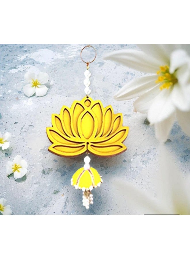 BENAVJI BENAVJI Handmade MDF Wood Lotus Hangings Jhumki Style for Home Wall Decor Diwali Ganpati Navratri Wedding Mandir Pooja Rooms Event Backdrops All Festival Decorations Yellow Color Lotus Pack of 6  - Image 5
