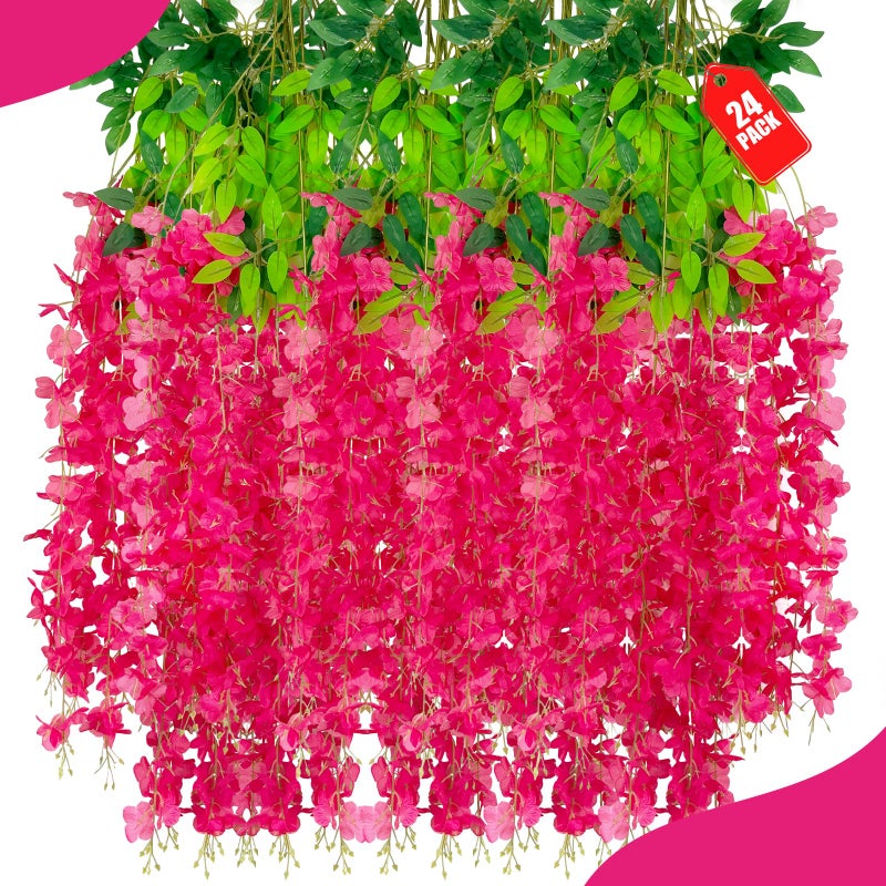 ZEBMOON 24 Pack Fuchsia Wisteria Hanging Flowers 377 Ft Fake Hanging Flowers Artificial Wisteria Garland Vines for Wedding Room Backdrop Outdoor Patio Garden Decoration