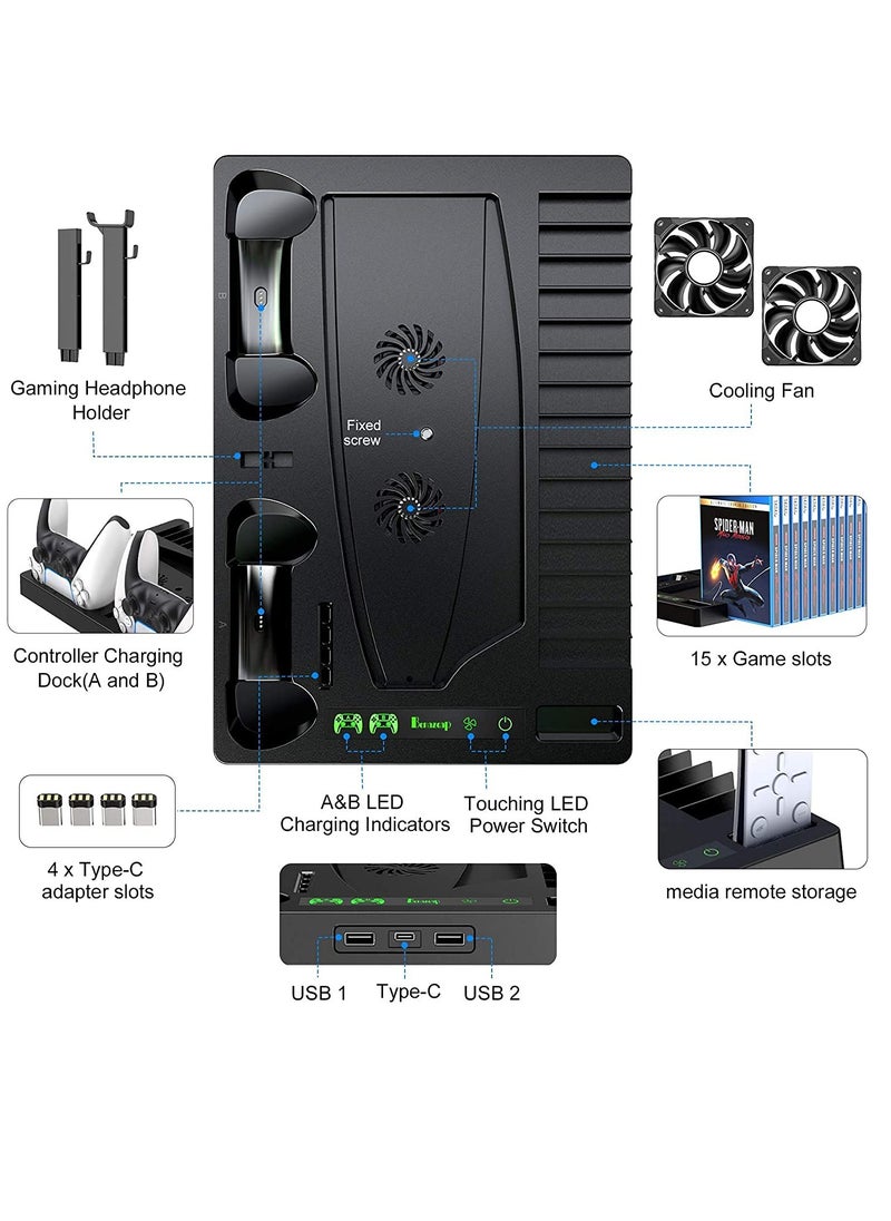 BORTONY - PS5 Vertical Stand with Cooling Fan PS5 Multifunctinal Charging Station with LED PS5 Dual Console Charger Docking Station PS5 Headset Organizer with 15 Game Slots - Image 1