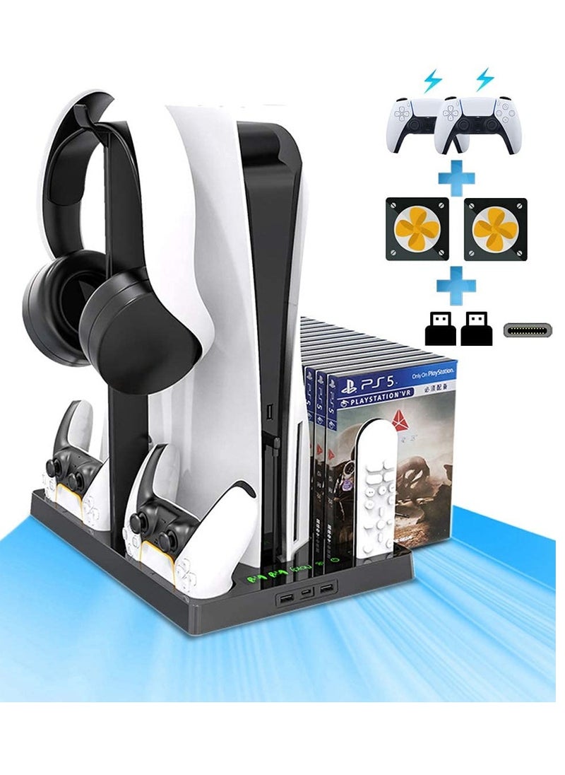 BORTONY - PS5 Vertical Stand with Cooling Fan PS5 Multifunctinal Charging Station with LED PS5 Dual Console Charger Docking Station PS5 Headset Organizer with 15 Game Slots - Image 1