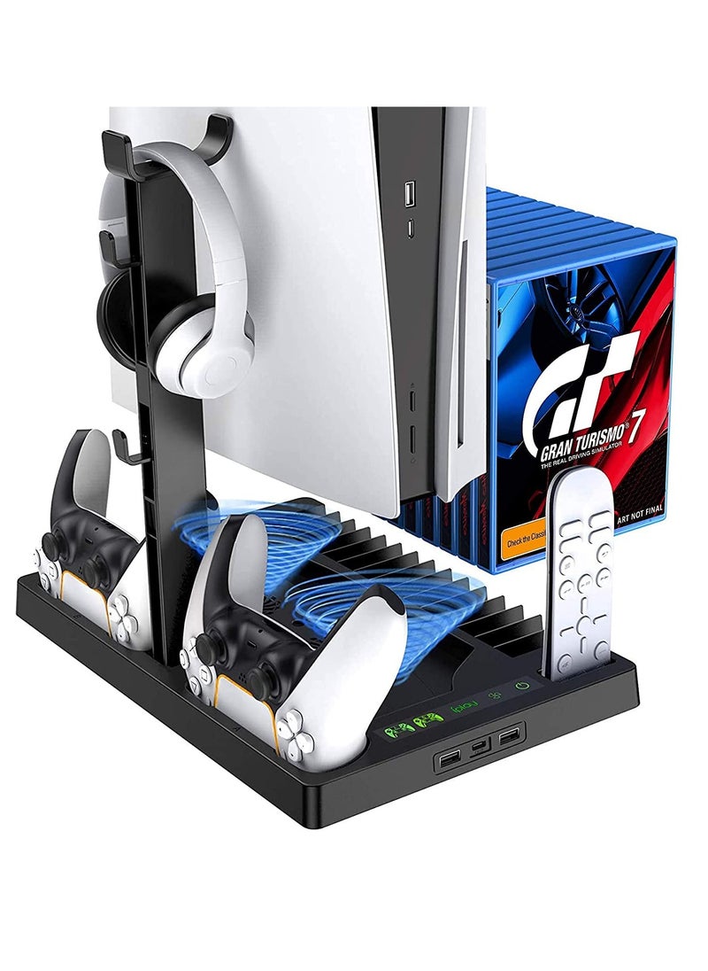 BORTONY - PS5 Vertical Stand with Cooling Fan PS5 Multifunctinal Charging Station with LED PS5 Dual Console Charger Docking Station PS5 Headset Organizer with 15 Game Slots - Image 1