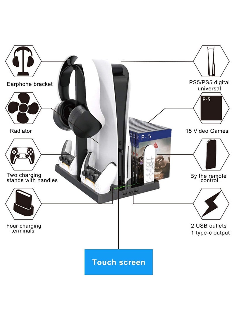 BORTONY - PS5 Vertical Stand with Cooling Fan PS5 Multifunctinal Charging Station with LED PS5 Dual Console Charger Docking Station PS5 Headset Organizer with 15 Game Slots - Image 1