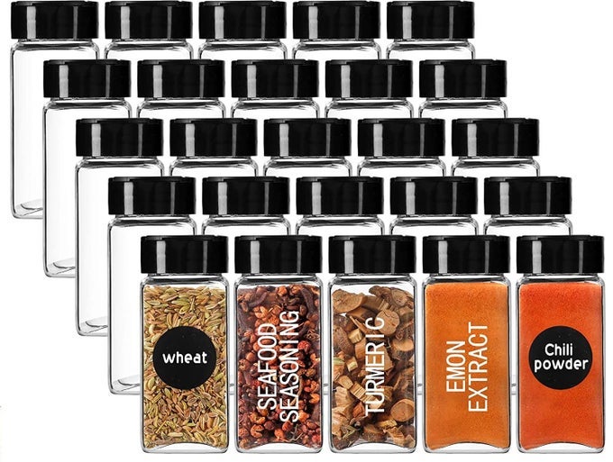 GLASS SPICE JARS WITH BLACK PLASTIC SHAKER LIDS PACK OF 12 100 ML FLIP TOP SQUARE SPICE BOTTLES SEASONING SPICE CONTAINERS FOR KITCHENSTORING SPICE 12