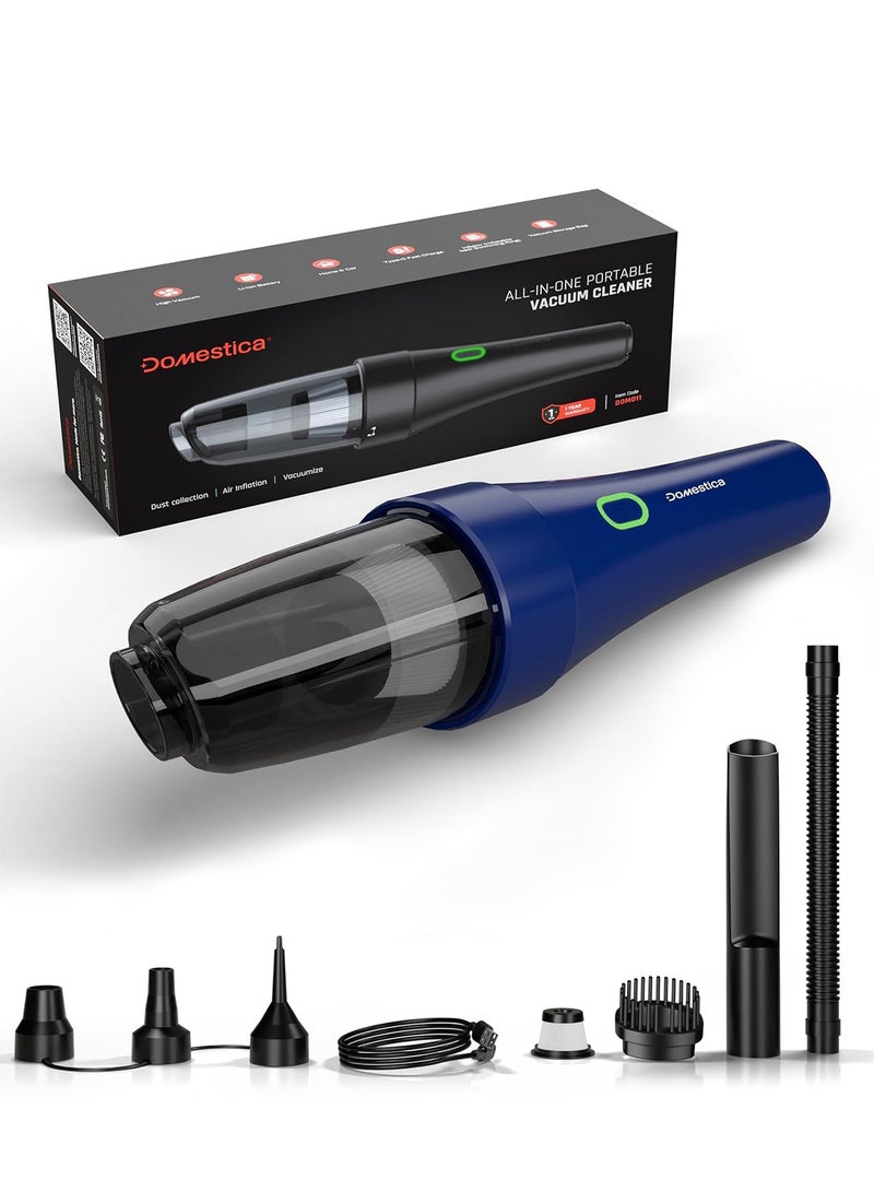 DOMESTICA 4 in 1 Cordless Car Vacuum Cleaner with 9KPA High Speed Power Suction & Accessories | Portable Vacuum Cleaner for Car & Home Use with Blower & Inflator | HEPA Filter, Multiple Nozzles Blue - Image 1