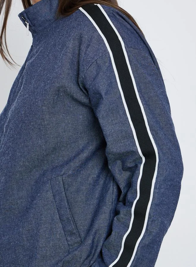 Styli  Styli Dark Blue Bomber Jacket with Stripes for Women | Best Price UAE