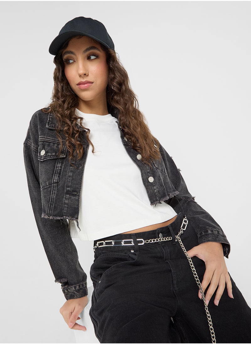 Ginger - Cropped Distressed Denim Jacket With Frayed Hem - Image 1