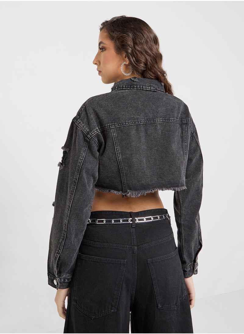 Ginger - Cropped Distressed Denim Jacket With Frayed Hem - Image 1