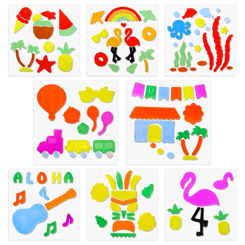 Whaline 8 Sheets Summer Thick Gel Clings Hawaiian Tropic Window Gel Decals Aloha Flamingo Pineapple Glass Jelly Stickers Decals for Summer Pool Beach Home Classroom Windows Hawaiian Party Supplies