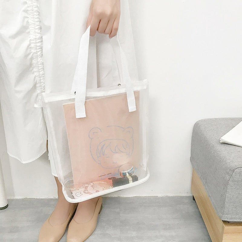Mesh Foldable Tote Bag Simple Nylon Mesh Bag Girl's Heart ins Small Fresh Net Sandy Bag Accompanying Gift Bag(Large-White) - Image 1