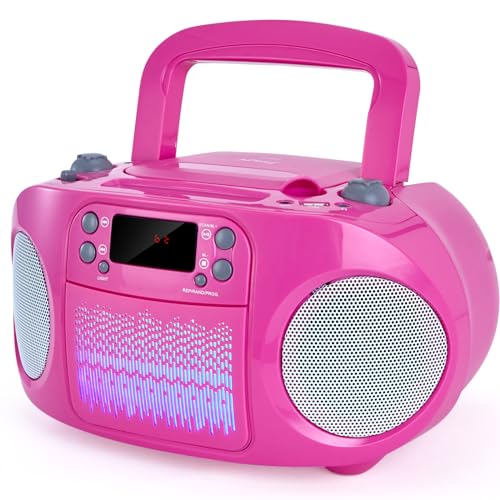 hPlay Kids Portable CD Player Boombox with Bluetooth & Multi-Color LED Lights - Pink Stereo Radio with USB/AUX, Karaoke Mic Input, MP3 Music Player for Girls - Image 1
