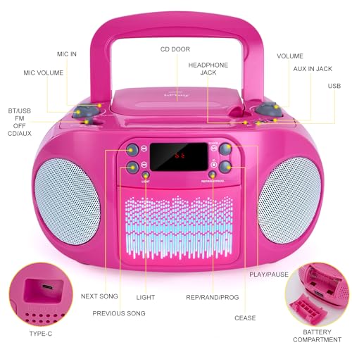 hPlay Kids Portable CD Player Boombox with Bluetooth & Multi-Color LED Lights - Pink Stereo Radio with USB/AUX, Karaoke Mic Input, MP3 Music Player for Girls - Image 4