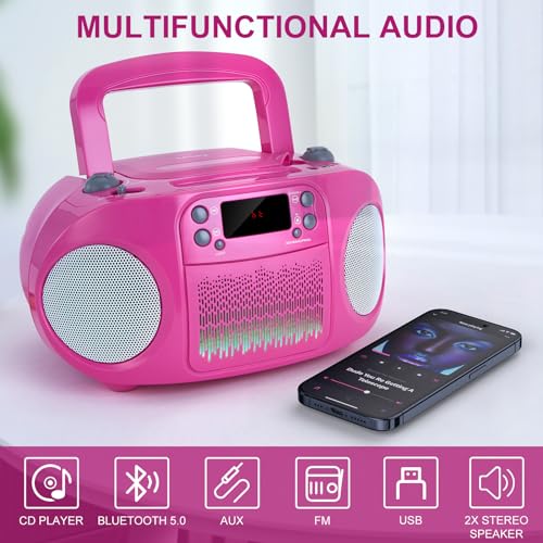 hPlay Kids Portable CD Player Boombox with Bluetooth & Multi-Color LED Lights - Pink Stereo Radio with USB/AUX, Karaoke Mic Input, MP3 Music Player for Girls - Image 2