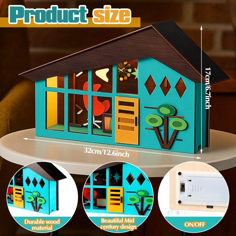 Tujoe Mid-century Modern Tabletop Decor Mid Century Modern Decor Lighted Table Centerpiece Retro Glowing Green House Diorama Holiday Farmhouse Wooden Decoration for Home Bedroom Office Country Table - Image 3