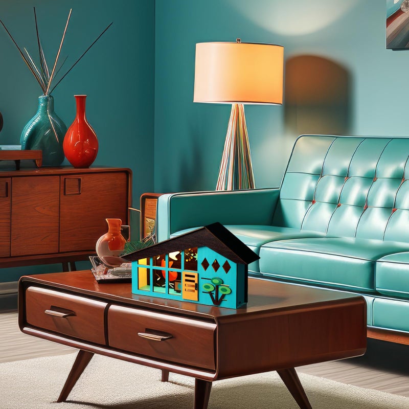 Tujoe Mid-century Modern Tabletop Decor Mid Century Modern Decor Lighted Table Centerpiece Retro Glowing Green House Diorama Holiday Farmhouse Wooden Decoration for Home Bedroom Office Country Table - Image 2