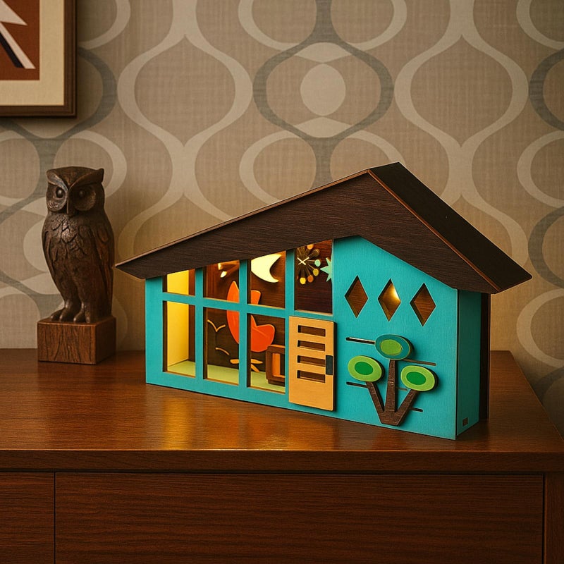 Tujoe Mid-century Modern Tabletop Decor Mid Century Modern Decor Lighted Table Centerpiece Retro Glowing Green House Diorama Holiday Farmhouse Wooden Decoration for Home Bedroom Office Country Table - Image 4