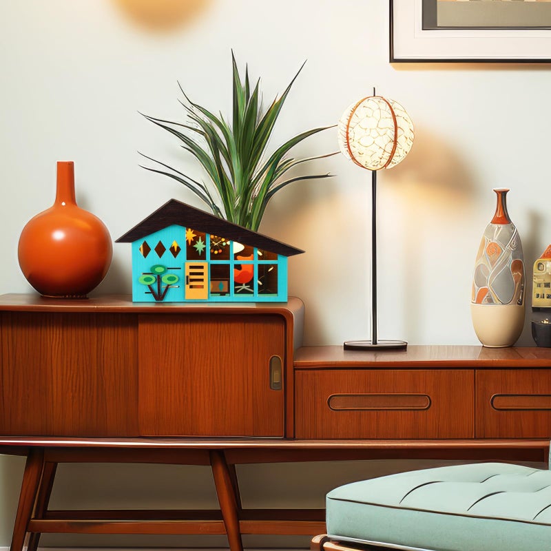 Tujoe Mid-century Modern Tabletop Decor Mid Century Modern Decor Lighted Table Centerpiece Retro Glowing Green House Diorama Holiday Farmhouse Wooden Decoration for Home Bedroom Office Country Table - Image 5