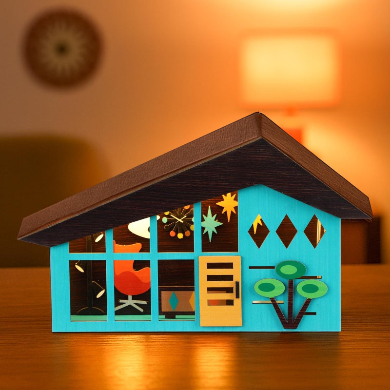 Tujoe Mid-century Modern Tabletop Decor Mid Century Modern Decor Lighted Table Centerpiece Retro Glowing Green House Diorama Holiday Farmhouse Wooden Decoration for Home Bedroom Office Country Table - Image 1