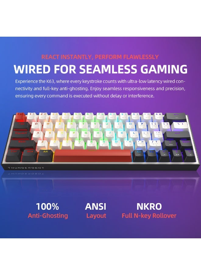 ثوندروبوت لوحة مفاتيح ميكانيكية عربية K63، مفتاح أحمر، سلكية RGB ANSI 60%، تخطيط 63 مفتاحًا مع مفاتيح الأسهم، لوحة مفاتيح ألعاب قابلة للتبديل السريع للاعبين - أبيض/أسود - Image 4