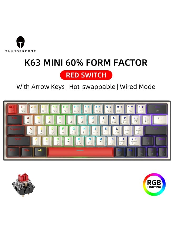 ثوندروبوت لوحة مفاتيح ميكانيكية عربية K63، مفتاح أحمر، سلكية RGB ANSI 60%، تخطيط 63 مفتاحًا مع مفاتيح الأسهم، لوحة مفاتيح ألعاب قابلة للتبديل السريع للاعبين - أبيض/أسود - Image 1