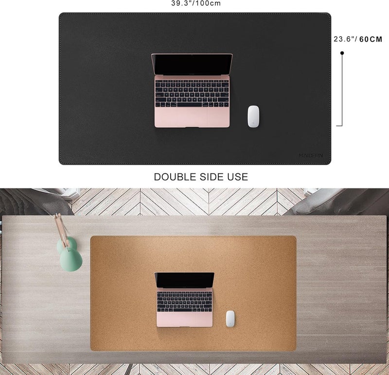 MAIDERN مايدرن 100 × 60 سم حصيرة مكتب جلدية XL، حصيرة مكتب كبيرة، حصيرة ماوس كبيرة قابلة للعكس من الفلين والجلد للمكتب، حصيرة مكتب كمبيوتر مقاومة للماء للألعاب والمكتب المنزلي (أسود) - Image 2