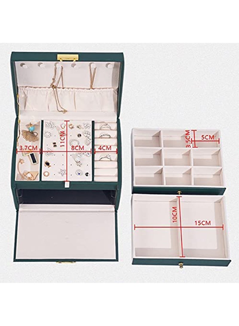 مونوج منظم صندوق المجوهرات مصنوع من جلد البولي يوريثان مع درجين، وحافظة تخزين مجوهرات من 3 طبقات لمجوهرات النساء - Image 2