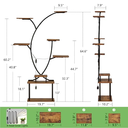 VECELO 65" Tall Plant Stand Indoor with Grow Lights, 8-Tier Plant Shelf with Hanging Hooks, Tree-Shaped Metal Plant Rack, Space-Saving for Home, Living Room & Corner Spaces, Brown - Image 2