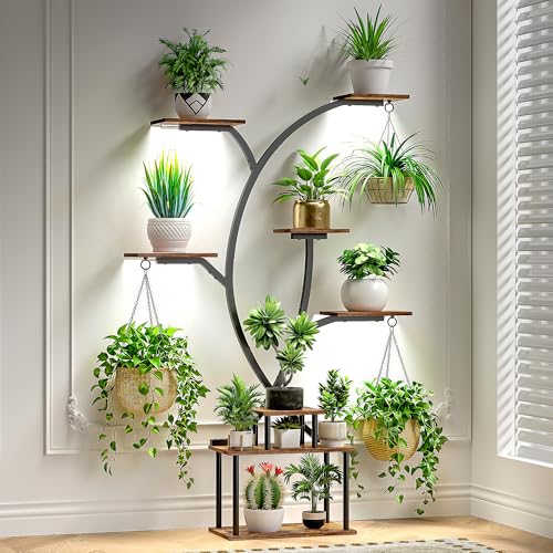 VECELO 65" Tall Plant Stand Indoor with Grow Lights, 8-Tier Plant Shelf with Hanging Hooks, Tree-Shaped Metal Plant Rack, Space-Saving for Home, Living Room & Corner Spaces, Brown - Image 1