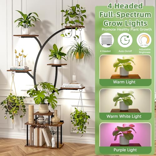 VECELO 65" Tall Plant Stand Indoor with Grow Lights, 8-Tier Plant Shelf with Hanging Hooks, Tree-Shaped Metal Plant Rack, Space-Saving for Home, Living Room & Corner Spaces, Brown - Image 4
