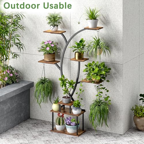 VECELO 65" Tall Plant Stand Indoor with Grow Lights, 8-Tier Plant Shelf with Hanging Hooks, Tree-Shaped Metal Plant Rack, Space-Saving for Home, Living Room & Corner Spaces, Brown - Image 3