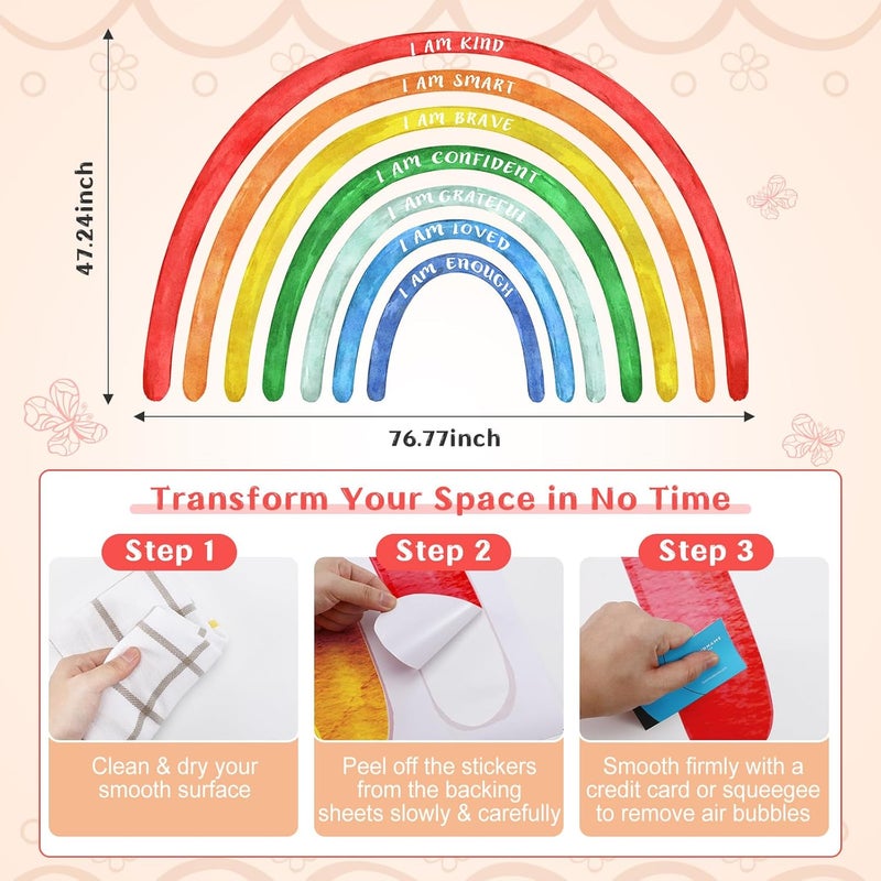 Tinideya 76.77x47.24'' Watercolor Large Rainbow Wall Decal Classroom Wall Decor with Inspirational Quote Peel and Stick Stickers Waterproof Wallpaper for Girls Kids Bedroom Nursery Playroom(Bright) - Image 2