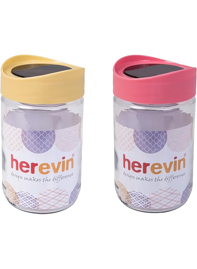 HEREVIN 660Ml Glass Jar Canister Storage Jar With Transparent Top And Assorted Color Lid