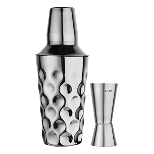 Steren Impex | Stainless Steel Coin Design Cocktail Shaker with Strainer & Jigger/Peg Measurer (30 & 60 ml), 500 ml - Image 1