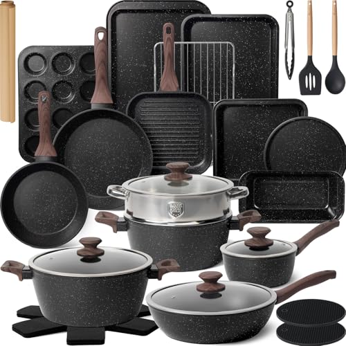 Kikcoin Pots and Pans Set Non Stick 31 Piece Kitchen Nonstick Cooking Cookware Sets with Grill Pan Saucepan Baking Sheet Utensil, Black - Image 1