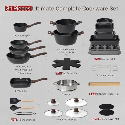 Kikcoin Pots and Pans Set Non Stick 31 Piece Kitchen Nonstick Cooking Cookware Sets with Grill Pan Saucepan Baking Sheet Utensil, Black - Image 2