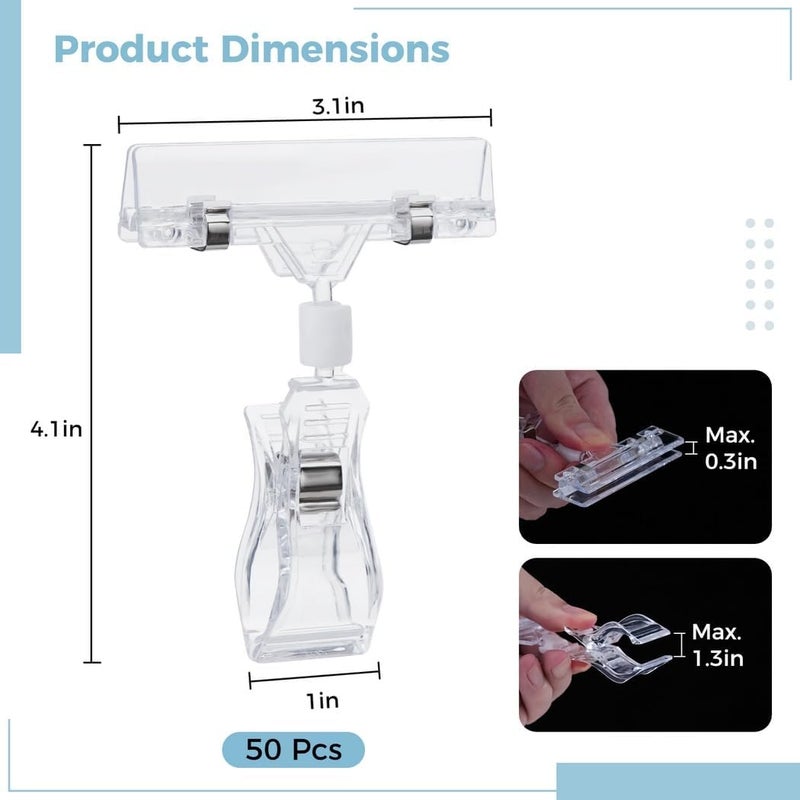 50 Pcs Swivel Sign Clips, Clear Plastic Tag Display Racks, Double-Sided Merchandise Sign Holders, Clip-On Label Stands for Store, Office, Supermarket, Exhibition - Image 3