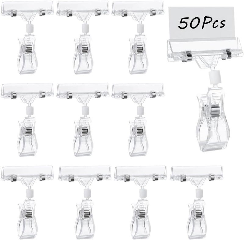 50 Pcs Swivel Sign Clips, Clear Plastic Tag Display Racks, Double-Sided Merchandise Sign Holders, Clip-On Label Stands for Store, Office, Supermarket, Exhibition - Image 1