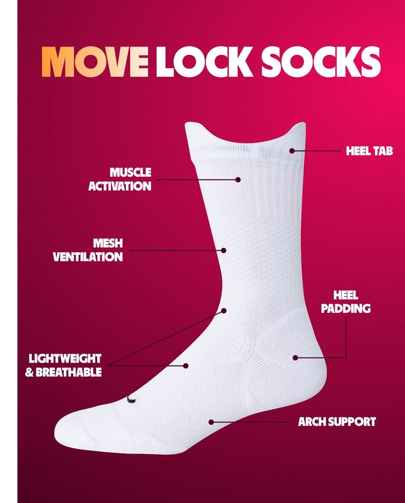 Move Compression Socks for Basketball & Running 25-35mmHG - Sports Crew socks with Shock Absorption, Anti-Blister, Moisture Wicking (US, Large, White) - Image 2