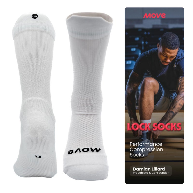 Move Compression Socks for Basketball & Running 25-35mmHG - Sports Crew socks with Shock Absorption, Anti-Blister, Moisture Wicking (US, Large, White) - Image 1